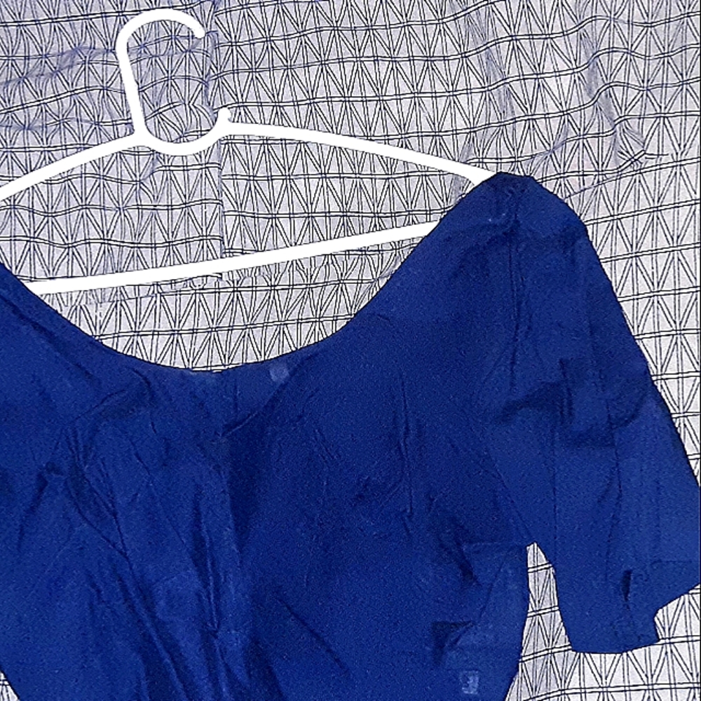 Tan and blue sari with midriff top